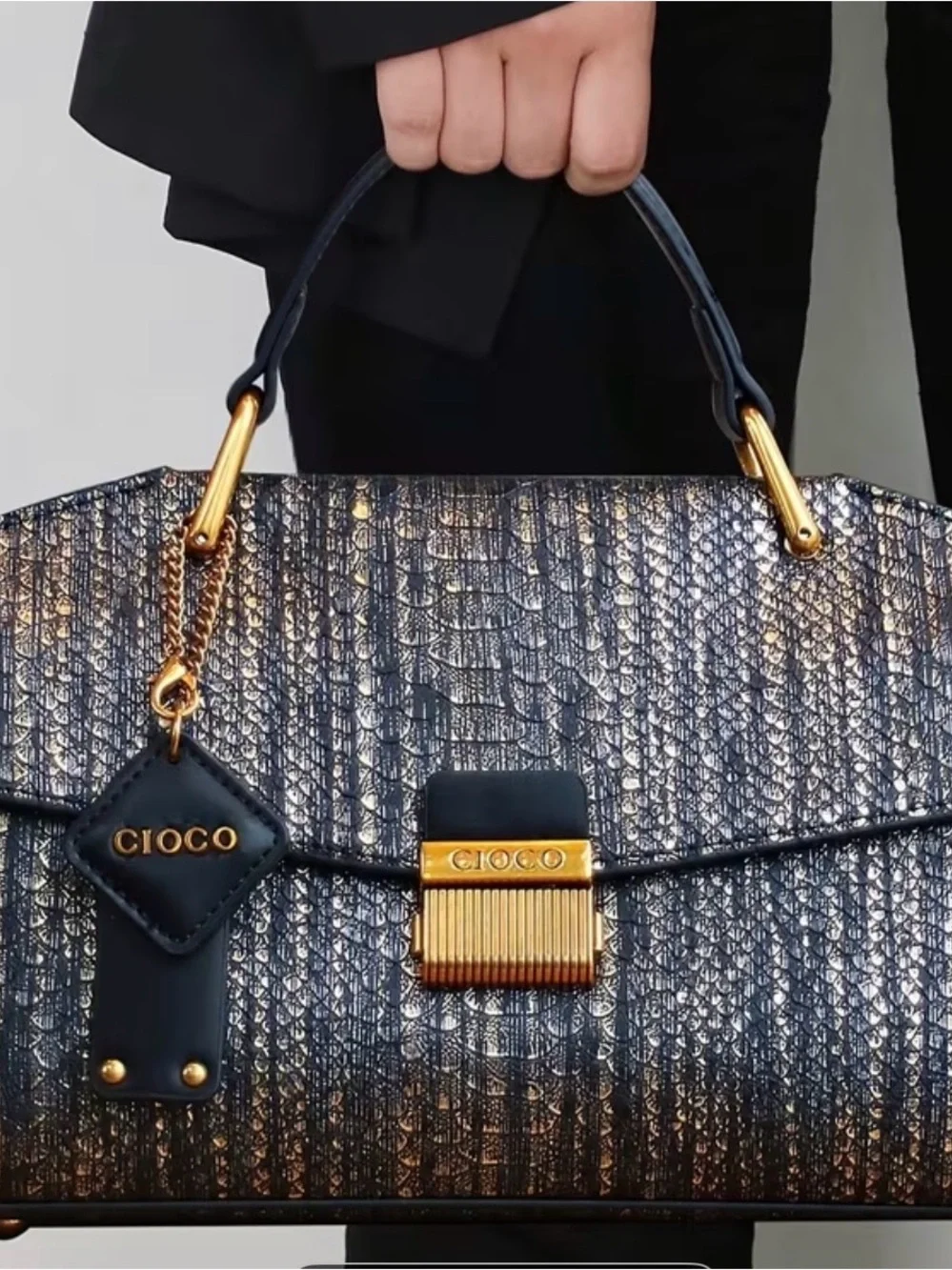 Textured Black and Gold Top-Handle Women’s Bag